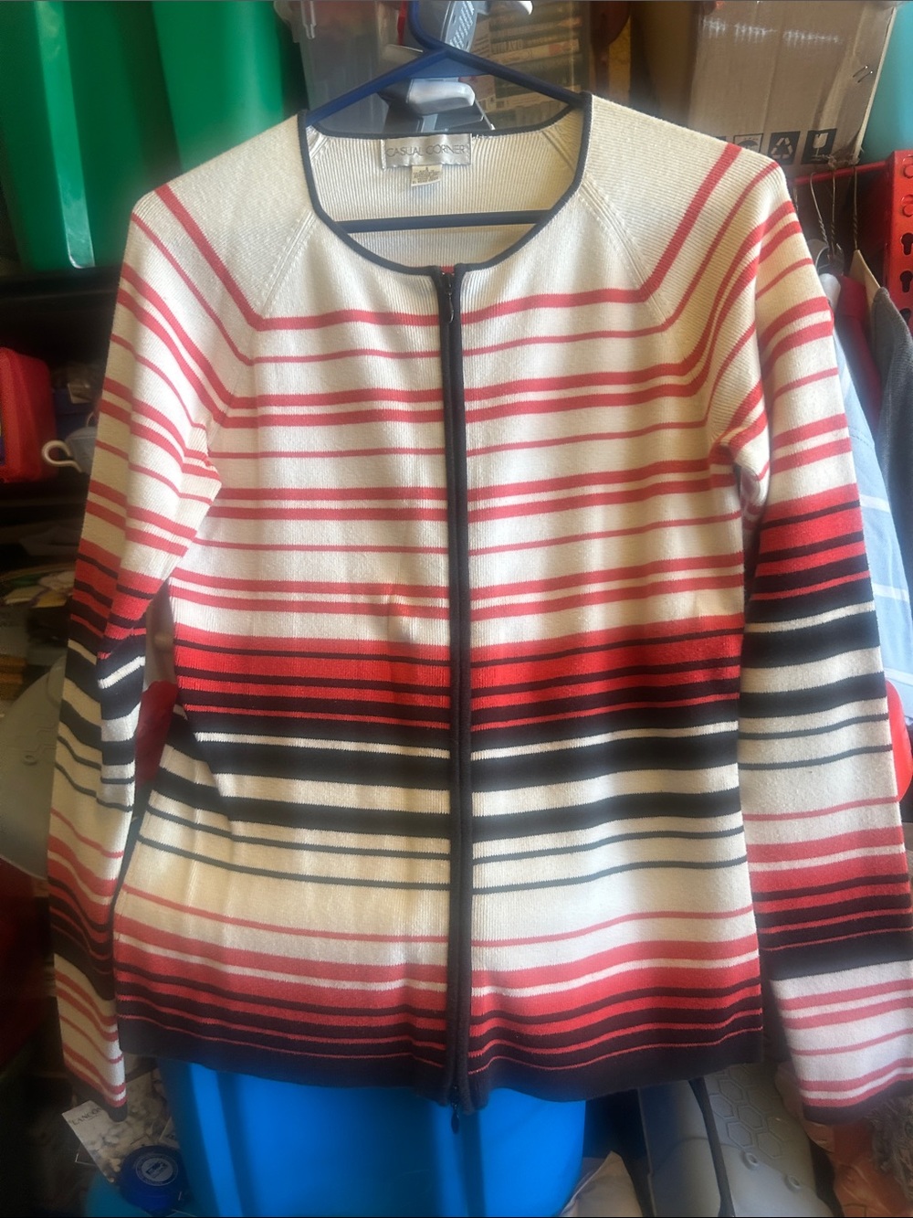 Vintage Casual Corner Cream, Red & Black Striped Zip-Front Cardigan top small